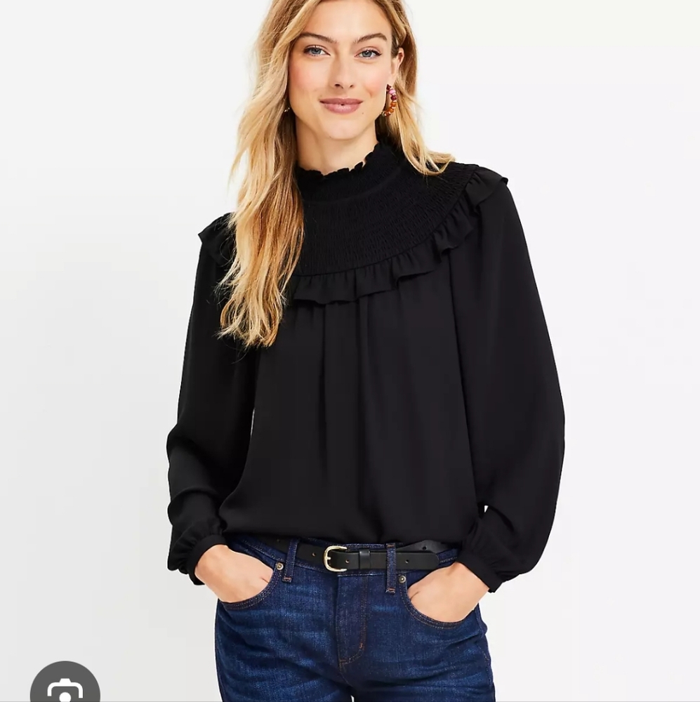 Loft Ruffle Smocked Elegant Black Ruffled Women's Top